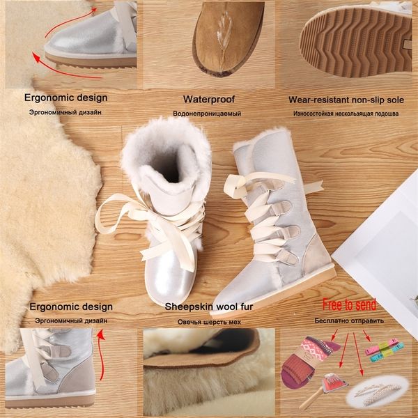 

tpcr sheepskin leather natural sheep wool fur lined girls winter shoes waterproof snow for women knee-high boots silver y200915, Black