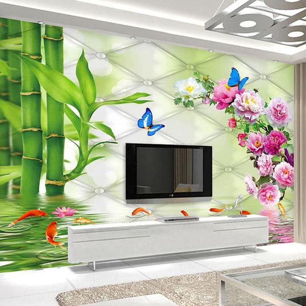 

wallpapers custom 3d po wallpaper papel de parede green bamboo peony flowers modern living room tv background home improvement mural