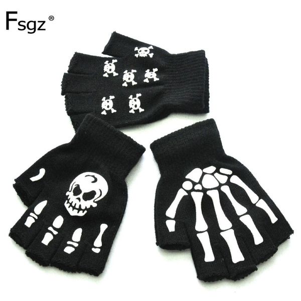

warm knitting for solid acrylic half finger glove human skeleton head gripper print cycling non-slip wrist gloves, Blue;gray