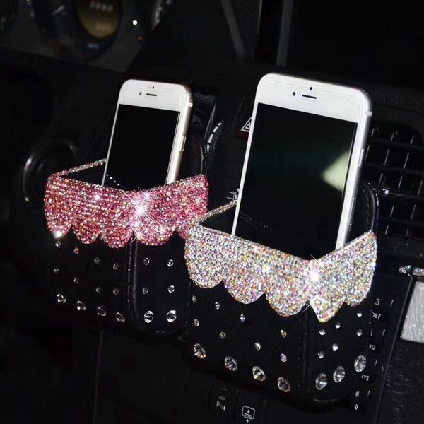 

diamond crystal car organizer air vent bag hanging car trash box leather phone holder pouch bling rhinestone accessories