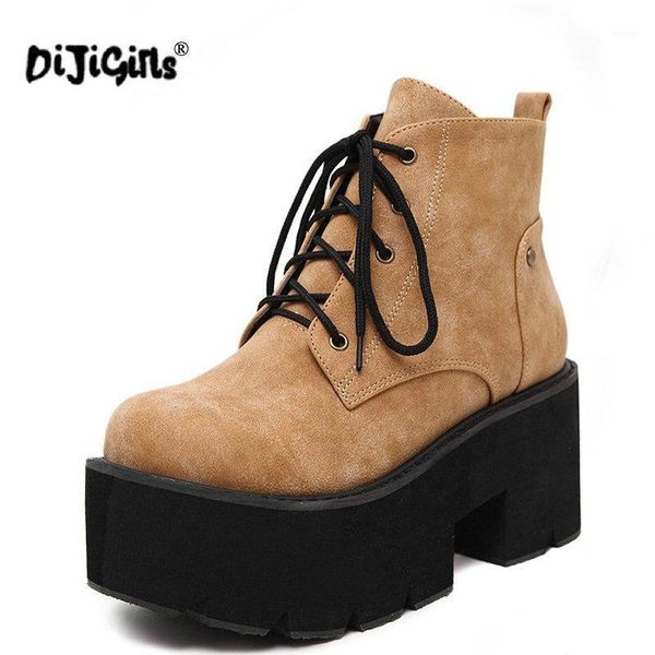 

brown punk boots women ladies platform boots high heel winter shoes motorcycle ankle waterproof snow lace up1, Black
