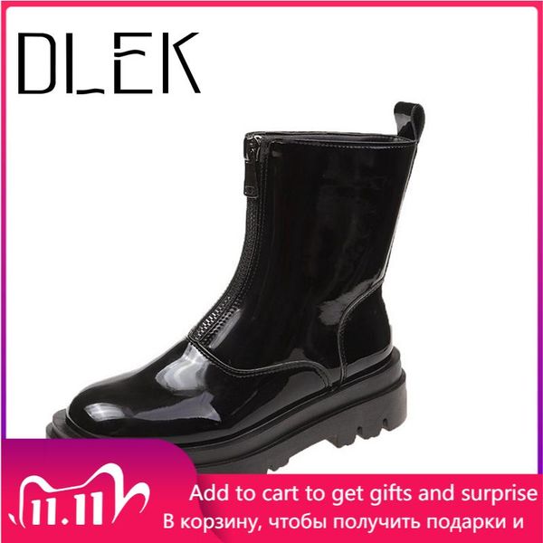 

дамы коренастый boots передняя молния черная женская обувь лакированная кожа / pu верхний круглый toe чистые классные сапоги резиновая подош, Black