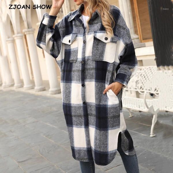 

2020 winter gingham check plaid coat warm oversize style women side slit long coat lapel woolen jacket causal outerwear1, Black