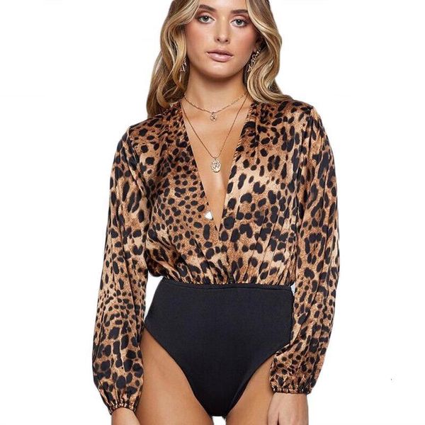 

women bodysuits shirt vintage leopard print romper clubwear fashion clothes female long sleeve v-neck jumpsuits outfits set, Black;white