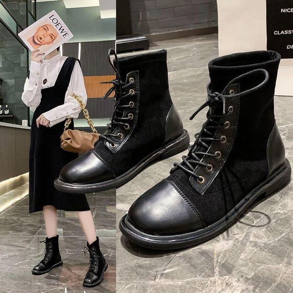 

2020 women motorcycle boots autumn fashion patent pu round toe lace-up combat shoes women shoes ladies snow office boots 35-40, Black
