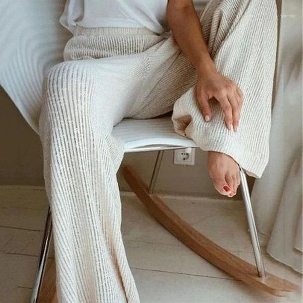 

women solid knitted pants wide leg trousers autumn fashion high waist loose pantalones female casual comfortable streetwear1, Black