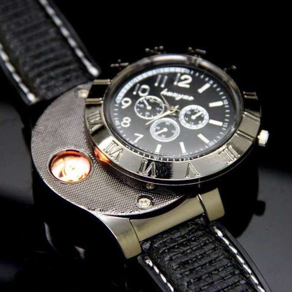 

watch lighter windproof personality creative charging usb electronic cigarette lighter metal men's watch lighter gift a7oe, Slivery;brown