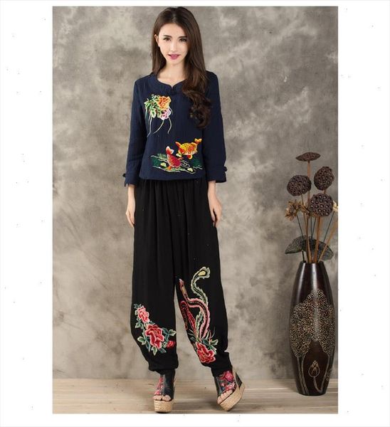 

chinese clothing store 2021 plus size women clothing female summer long thin elastic waist black embroidery harem pant trousers, Black;white