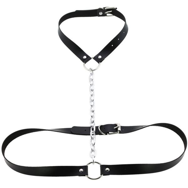 

new punk leather harness goth body chain belts for women bondage cage gothic straps chain necklace jewelry rave outfit t200427, Black;brown