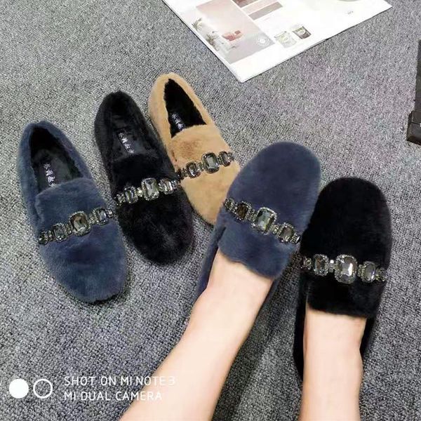 

glitter chains designer fur moccasins brand plush oxford shoes women round toe slip on crystal espadrilles winter creepers flats, Black