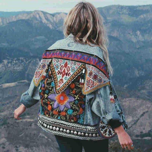 

boho denim jacket for women autumn floral appliques embroidery vintage coat long sleeve outerwear female jacket coatee b025, Black;brown