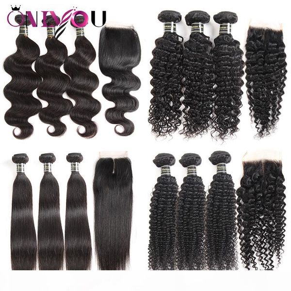 

unprocessed brazilian virgin hair bundles with lace closure 3 bundle deals and middle part & part weaves closure human hair weave, Black;brown