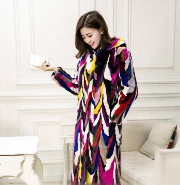 

women's fur & faux genuine natural mink real coat with hood women fashion colorful multi-color jacket custom any sizse length f09, Black