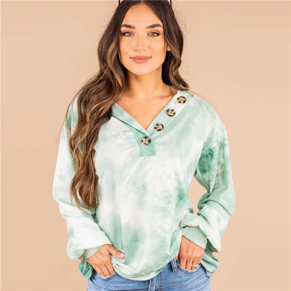 

tie dye women v neck tshirt v neck long sleeve colorful loose famale lantern sleeve tees, White