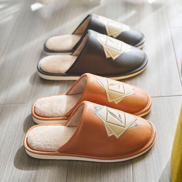 

slippers mazefeng winter women genuine leather home house indoor non-slip thermal shoes men warm furry plus size 1, Black