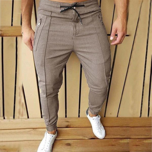 

мода мужчины повседневная стройная подходящая солидная молния длинные брюки новых поступлений весна и осень длинные брюки новых высоких тали, Black