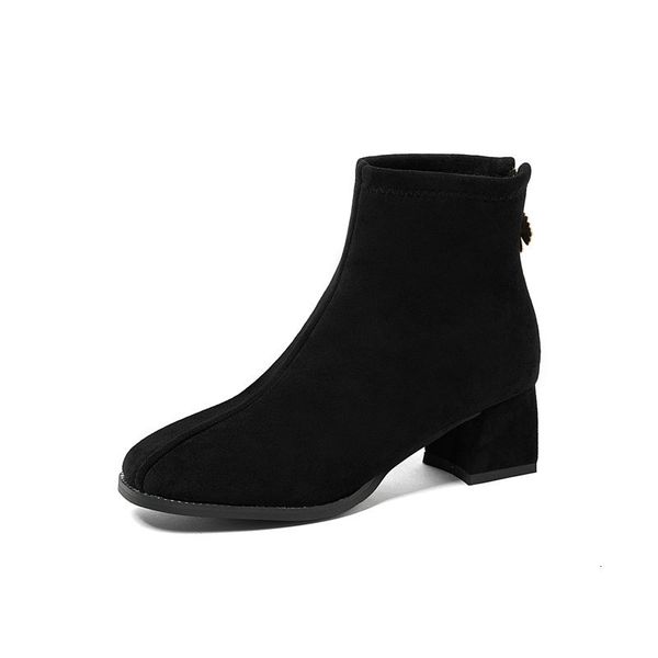 

new 2021 stretch flock back concise autumn winter women shoes fashion square high heel elastic short boots size 34-43 fdc2, Black