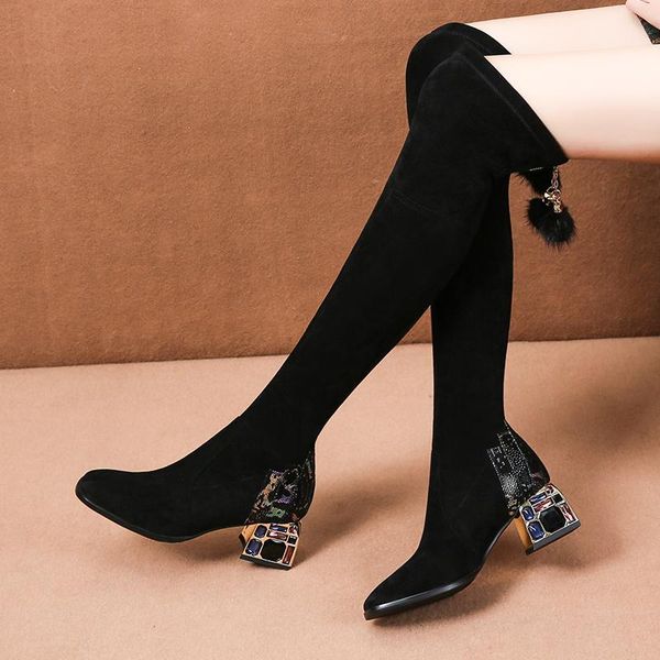 

women over the knee high boots hoof heels winter shoes rhinestone high heels boots for lady thick heel black stretch botas