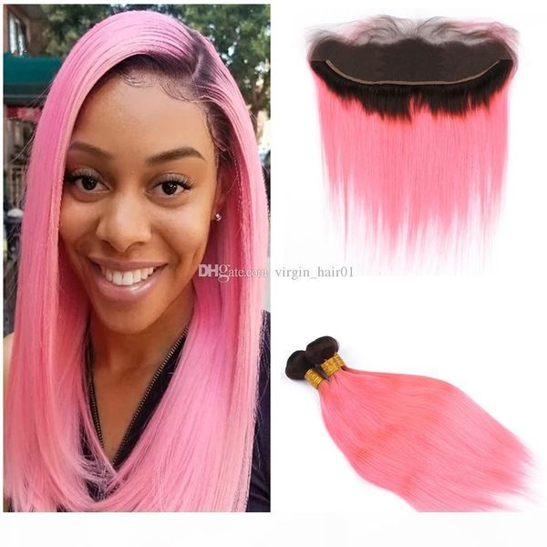 

silky straight ombre pink hair weave bundles with frontal dark roots virgin hair pink ombre hair extensions deals with lace frontal closure, Black;brown