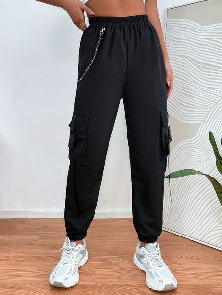 

petite chain detail flap pocket buckle pants o5sp#, Black;white