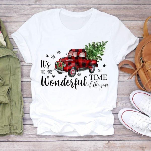 

women truck snowflake tree fashion new year merry christmas print lady t-shirts t shirt ladies graphic female tee t-shirt, White