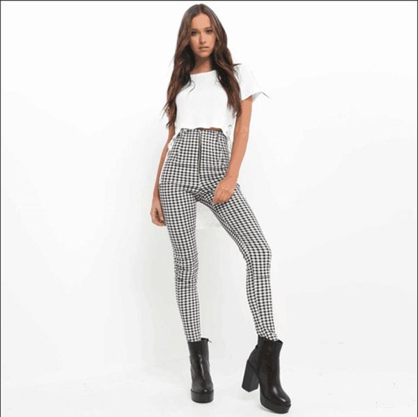 

zogaa spring autumn women plaid trousers women high waist bottoms pants zipper checkered pencil pants female clothing size s-xxl, Black;white
