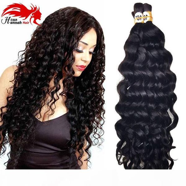 

hannah product deep wave brazilian human hair for braiding bulk no attachment, natural 3pcs 150gram bulk hair human braiding hair bulk, Black