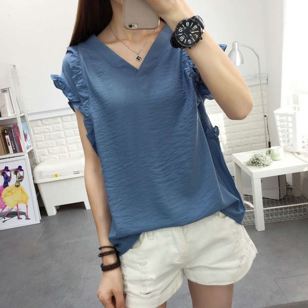 

summer 2020 new women's clothing korean version v-neck wood ear edge short sleeve chiffon pullover tide bottom blouse, White