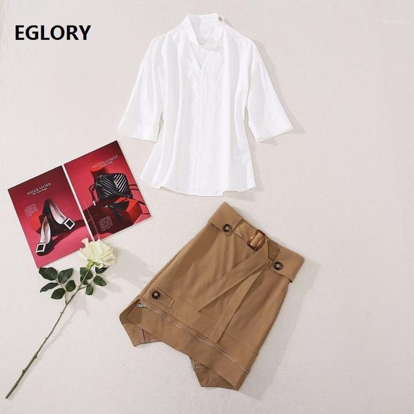 

2020 summer fashion work suit women stand neck hollow out white blouse+belted asymmetrical mini skirt set suits casual1