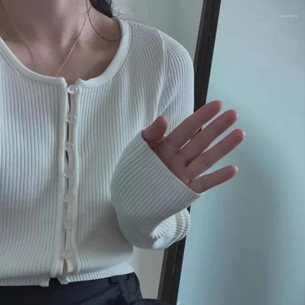 

women o-neck knitted cardigan long sleeve lady single-breasted knitwear female fashion short sweater1, White