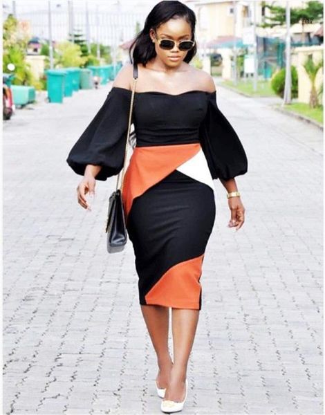 

women flare sleeve package hit dress off the shoulder contrast color knee length dress polyester summer summer1, Black;gray