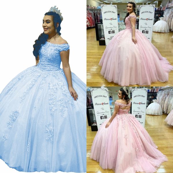 

light blue pink plus size quinceanera dresses off the shoulder lace applique beaded corset back sweet 16 prom graduation dress tulle long, Blue;red