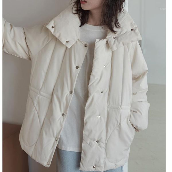 

2021 winter white korean style down jacket women stand collar quilted jacket single breasted oversized loose coat outwear1, Black