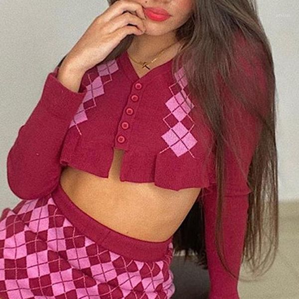 

women's knits & tees cute argyle knitted sweaters for women fashion buttons long flare sleeve crop y2k cardigan winter autumn 2021 pull, White