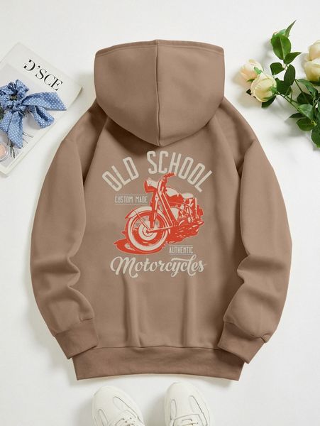 

letter & motorcycle print drawstring thermal lined hoodie s2c7#, White;black