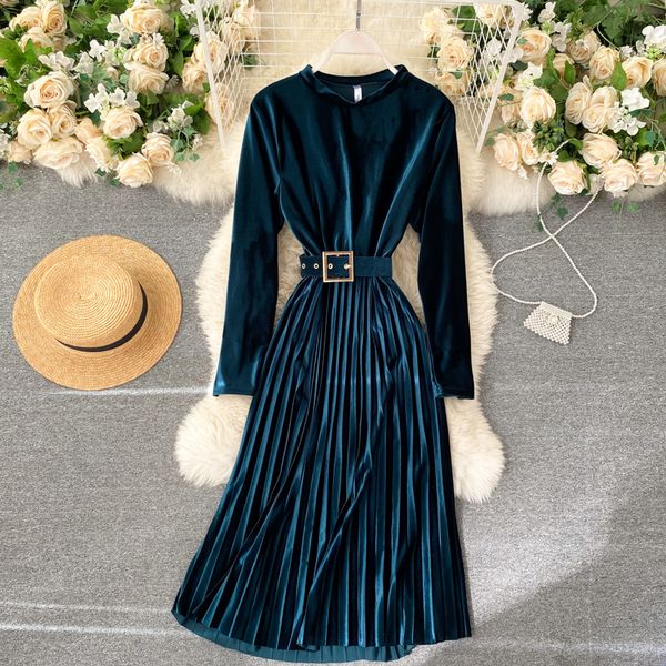 

2021 new retro female in velvet autumn neck long line dressed fashion streetwear dress plissado q0lt, Black;gray