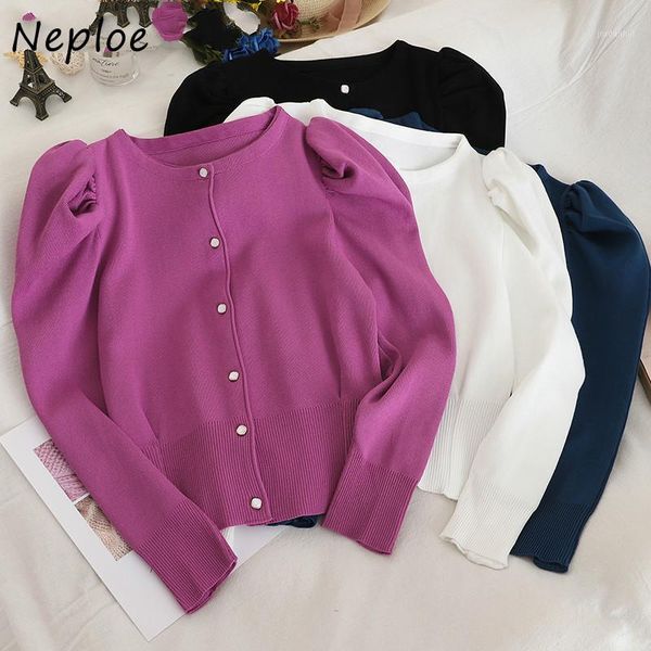 

neploe puff sleeve cardigans solid 2020 spring single breasted korean vintage sweaters women thin chaqueta mujer1, White