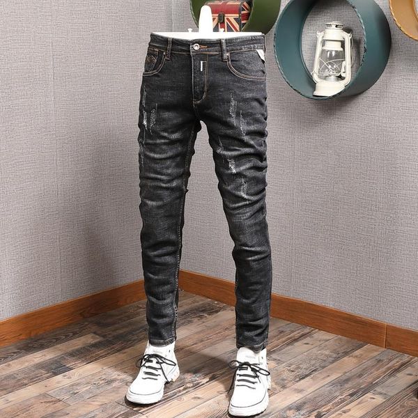 

italian style fashion men jeans retro vintage black elastic slim fit ripped denim trousers streetwear designer hip hop pants, Blue