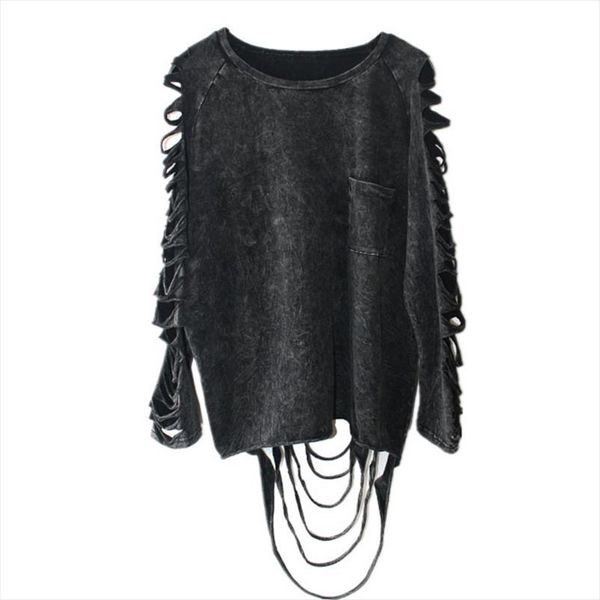 

xitao] 2020 europe punk personality style women washing black color hollow out and tassel women t shirts yj001, White