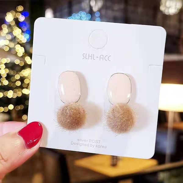 

925 silver autumn and winter ball enamel earrings south korea furry cool internet fashionable and versatile earrings, Golden