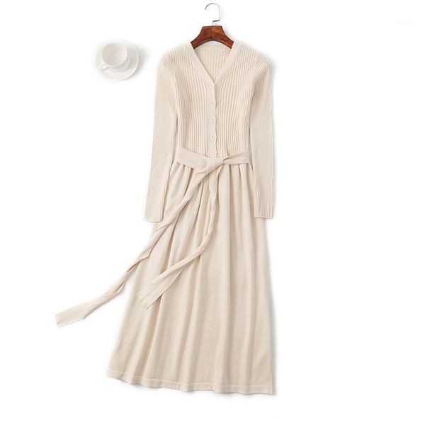 

women's dress 2020 autumn and winter over-the-knee jersey dress long style for women slim tie bottoming woolen female1, Black;gray