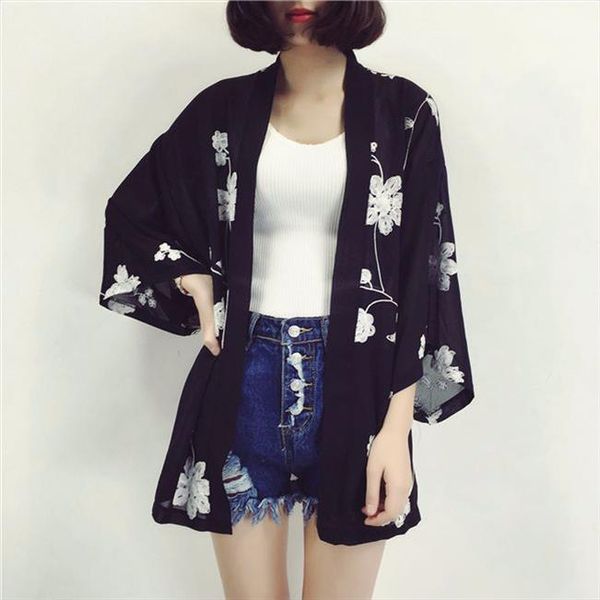 

tingyili embroidery floral kimono cardigan women summer beach chiffon cardigan white blue pink black female