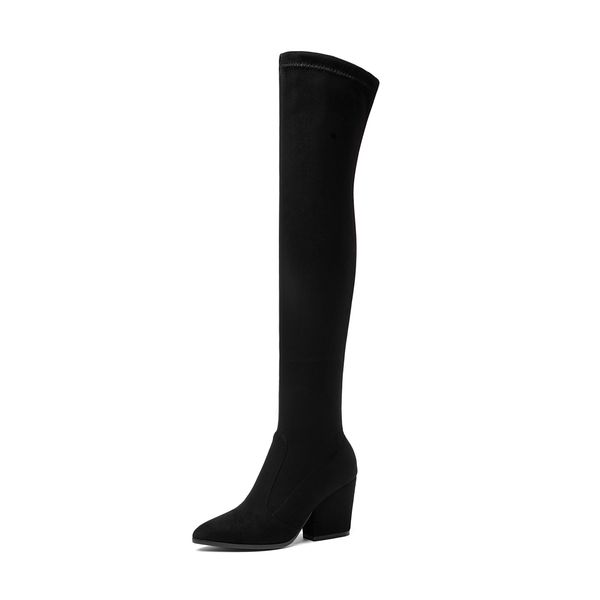 

qutaa women over the knee high boots hoof heels winter shoes pointed toe elastic fabric women boots size 34-43 200928, Black