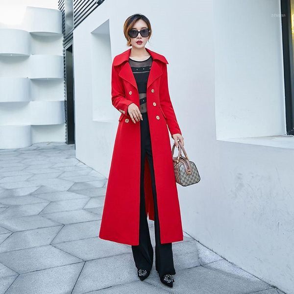 

2020 spring autumn women slim double breasted long trench coat female vintage windbreaker blends outerwear ropa mujer s041, Tan;black