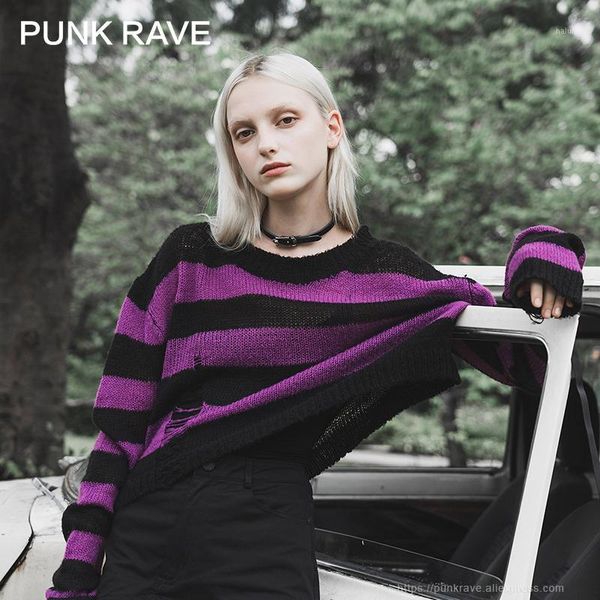

women's sweaters punk rave girl's casual long sleeves loose blouse round neck hole striped asymmetrical autumn sweater female swea, White;black