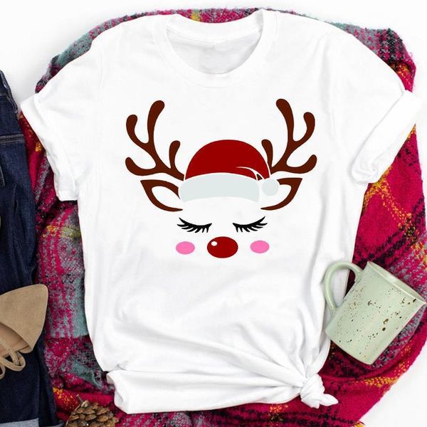 

tees for women lady cartoon deer short sleeve printing holiday merry christmas print tshirt clothes graphic female t t-shirt, White