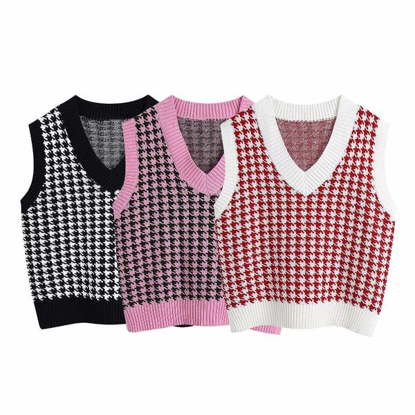 

knit sweater vest korean harajuku houndstooth sweaters for women vintage argyle sweater vest v neck cropped pullover kawaii, White;black