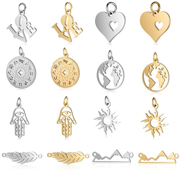 

5pcs/lot 12 zodiac horoscope diy charms wholesale stainless steel world map leaf pendant palm sun hamsa hand connectors charm, Bronze;silver