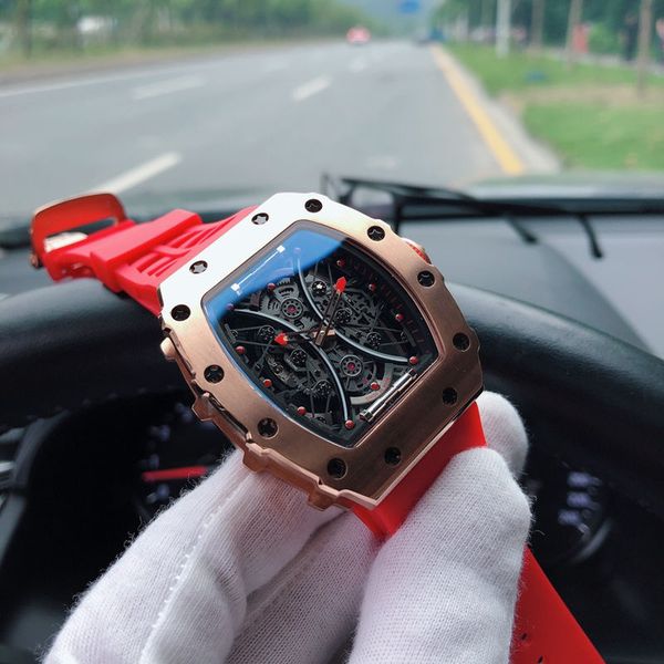 

053-01 mens watch automatic mechanical movement 904l steel case hollow face natural rubber pin buckle strap diameter 43mm 15mm with box c31, Slivery;brown