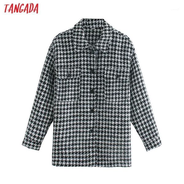 

tangada women plaid tweed coats jacket loose long sleeves pocket 2020 ladies elegant autumn winter coat qj341, Black;brown